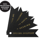 10 XMAS GOLD FLAG TAGS ON BLACK