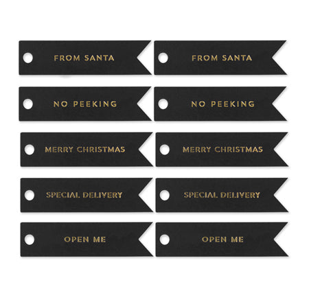 10 XMAS GOLD FLAG TAGS ON BLACK