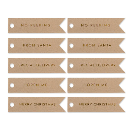 10 XMAS GOLD FLAG TAGS ON KRAFT