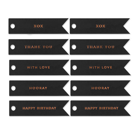 10 CELEBRATE COPPER FLAG TAGS ON BLACK