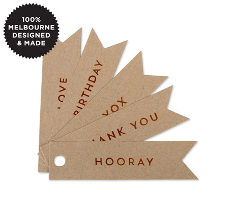 10 CELEBRATE COPPER FLAG TAGS ON KRAFT