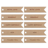 10 CELEBRATE GOLD FLAG TAGS ON KRAFT