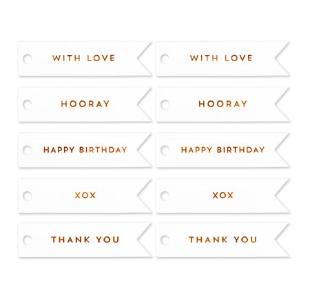 10 CELEBRATE COPPER FLAG TAGS ON WHITE