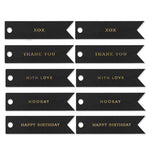 10 CELEBRATE GOLD FLAG TAGS ON BLACK