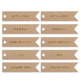 10 CELEBRATE GOLD FLAG TAGS ON KRAFT