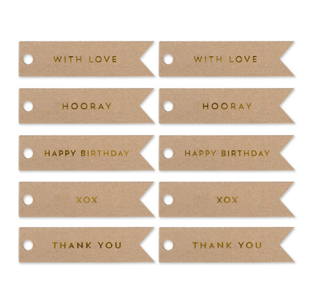 10 CELEBRATE GOLD FLAG TAGS ON KRAFT