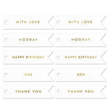 10 CELEBRATE GOLD FLAG TAGS ON WHITE