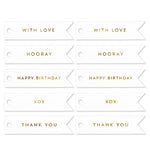 10 CELEBRATE GOLD FLAG TAGS ON WHITE