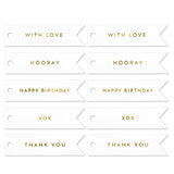 10 CELEBRATE GOLD FLAG TAGS ON WHITE