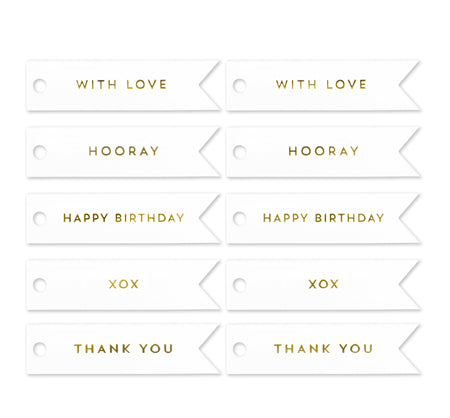 10 CELEBRATE GOLD FLAG TAGS ON WHITE