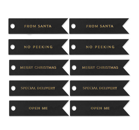10 XMAS GOLD FLAG TAGS ON BLACK
