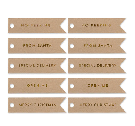 10 XMAS GOLD FLAG TAGS ON KRAFT
