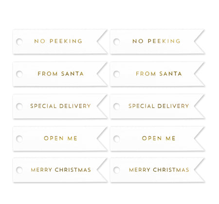 10 XMAS GOLD FLAG TAGS ON WHITE