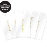 10 MIXED MESSAGE TAGS GOLD ON WHITE GLOSS