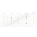 10 MIXED MESSAGE TAGS GOLD ON WHITE GLOSS