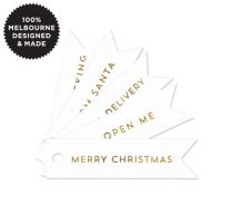 10 XMAS GOLD FLAG TAGS ON WHITE